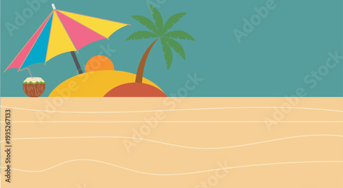Tropical summer vacation scene with palm tree, beach umbrella, and coconut drink on island landscape vector illustration