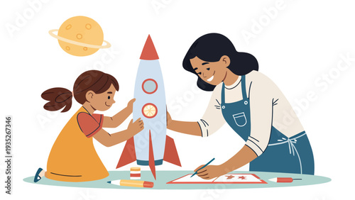 Woman and child building model rocket together at home