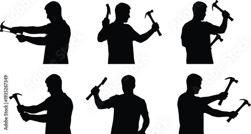 Black Silhouette Collection Of Professional Male Construction Worker Using Hammer For Carpentry Building And Manual Labor DIY Home Improvement Projects