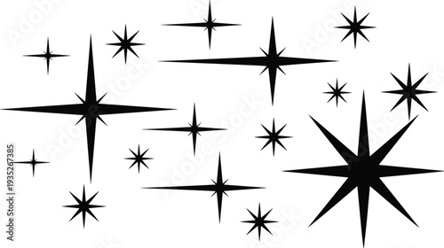 Black Silhouette Collection Of Sparkling Stars Twinkling Ornaments And Shining Light Elements Isolated On White Background For Magic Night Design