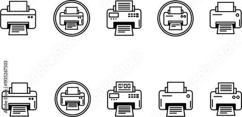 Printer Icon Set with Office Printing Machine Symbols for Document Printing, Paper Output and Business Equipment Vector Collection
