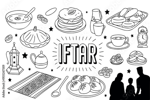 Ramadan Kareem Iftar Table with Dates and Lantern Line Art Illustration. Ramadan Iftar scene line art with dates lantern and crescent moon. Islamic holy month coloring page with traditional food. 