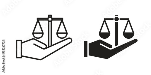 Justice scales in Hand icon. Simple outline style concept. Thin line vector illustration.