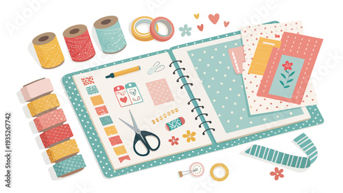 Colorful crafting supplies arranged around open notebook