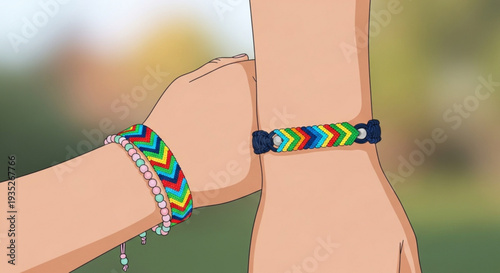 Two arms with colorful woven friendship bracelets on wrists symbolizing bond and unity outdoors