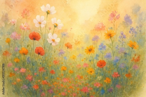 Vibrant watercolor meadow blooms beautifully.