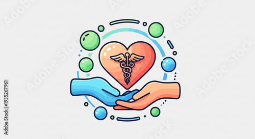 Medical care hands holding heart with rod of asclepius symbol surrounded by green blue circles on white background