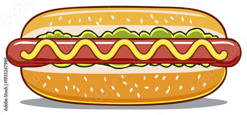 Classic Hot Dog with Mustard and Relish in a Sesame Seed Bun Illustration