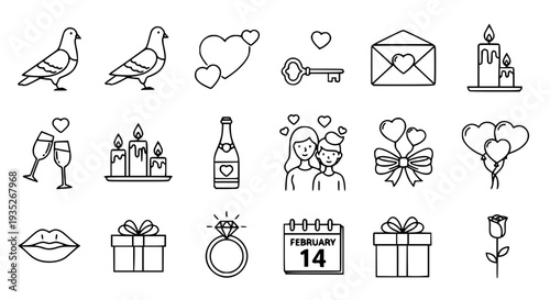 Valentine’s Day Thin Line Icon Set – Romantic Love Symbols Linear Vector Collection