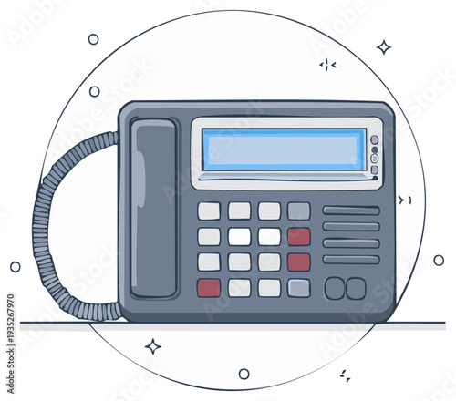 Hand drawn cartoon illustration of a vintage office desk phone with a keypad and screen