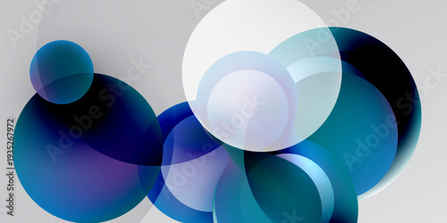 Abstract composition featuring overlapping translucent circles. Shades range from deep blues to bright whites, creating depth. Minimalist design.