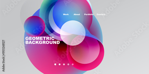 Abstract design features colorful overlapping circles, text elements, navigation menu. Gradient background transitions from dark to light.