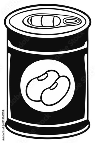 Monochromatic illustration of a closed tin can with a label depicting two beans