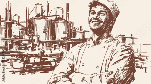 Confident chef standing near industrial kitchen equipment. Tanks and pipes suggest food production, banner for factory branding, manufacturing posters. Vintage line hand drawn style.