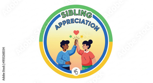 Sibling appreciation badge with cartoon kids high fiving and heart