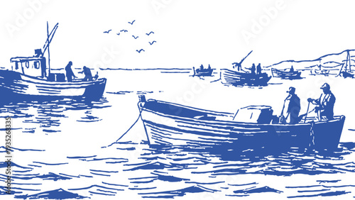 Fishing boats floating calm harbor water scene. Small vessels with fishermen resting on quiet sea surface. Background for maritime theme. Traditional pencil sketch drawing style.