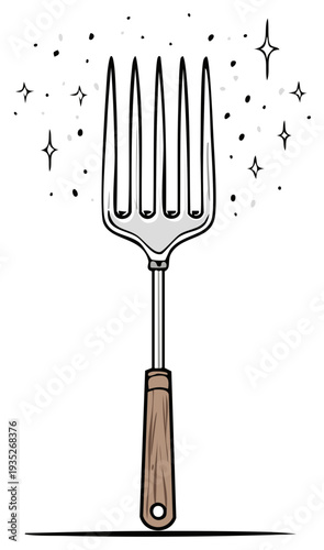 Clean cartoon kitchen fork with wooden handle illustration and sparkling details