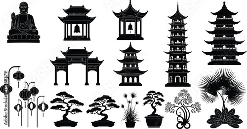 Black Silhouette Collection Of Asian Cultural Elements Featuring Buddha Statue, Japanese Pagoda, Chinese Lanterns, Bonsai Trees, And Oriental Temple Architecture Icons