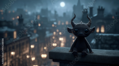 Imp folklore character with subtle horns sitting small and mischievous on a rooftop whimsical scene