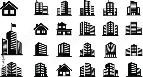 Black building icons set isolated on white background, urban architecture collection of houses skyscrapers and office blocks for city design
