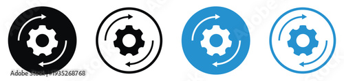 Gear with circular sync arrows icon. Represents automated processes, data synchronization, system recovery, and continuous workflow. Minimalist vector design in black and blue.