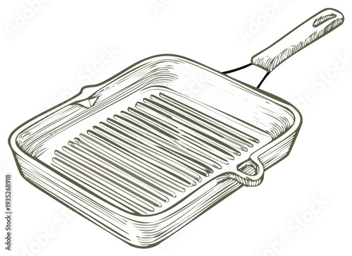 Hand drawn sketch illustration of an empty square cast iron grill pan