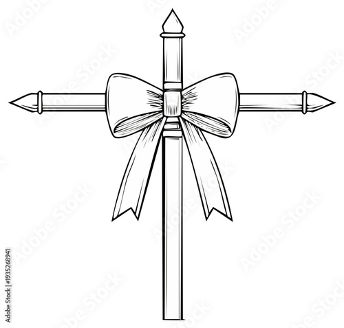 Elegant Monument Bow Decoration Vector Drawing Funeral Cemetery Grave Marker Line Art