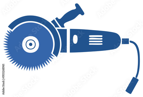 Blue electric saw tool illustration, with a circular blade, handle, and power cable.