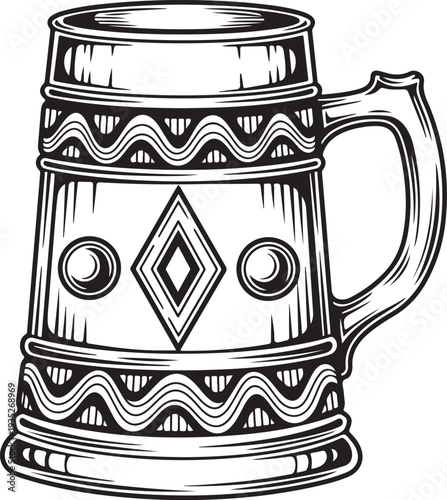 beer mug with decorative elements including waves diamonds and circles with a sturdy handle