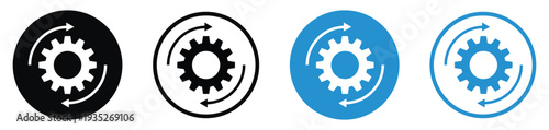 Gear with circular sync arrows icon. Represents automated processes, data synchronization, system recovery, and continuous workflow. Minimalist vector design in black and blue.