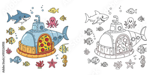 Underwater Pizza Submarine Adventure with Marine Life - Fun Cartoon Vector