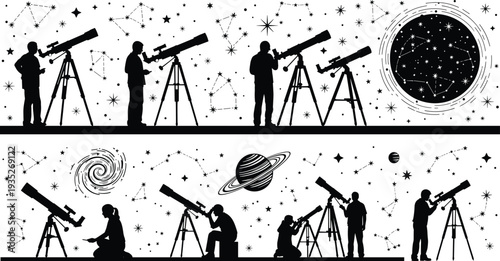 Black Vector Silhouette Set of Astronomers and People Using Telescopes for Stargazing with Space Elements Including Constellations Planets Galaxies and Moon Isolated on White