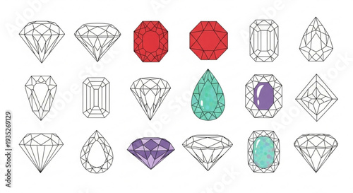 Collection of colorful diamond and gemstone illustrations