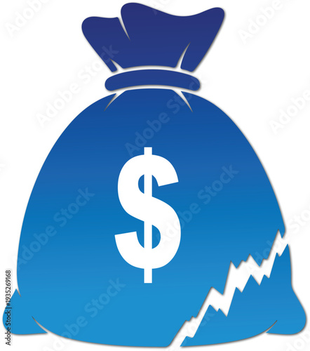 blue money bag with a dollar sign and a crack symbolizing financial loss or crisis