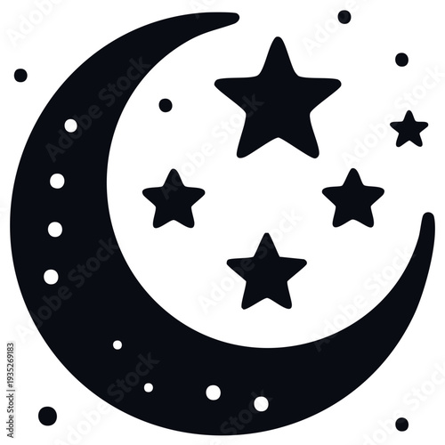 Simple black and white illustration of a crescent moon with stars and dots in a night sky