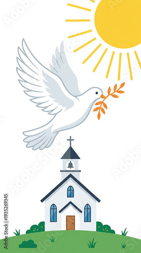 A white dove flies holding an olive branch over a church, under a bright sun on a grassy hill.