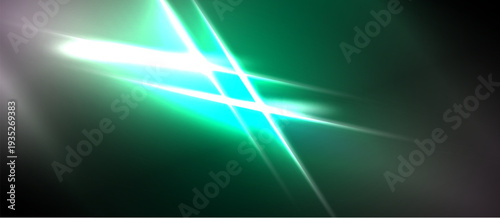 Abstract green light streaks cross dark background. Bright flares create dynamic visual effect. Smooth gradients define composition.
