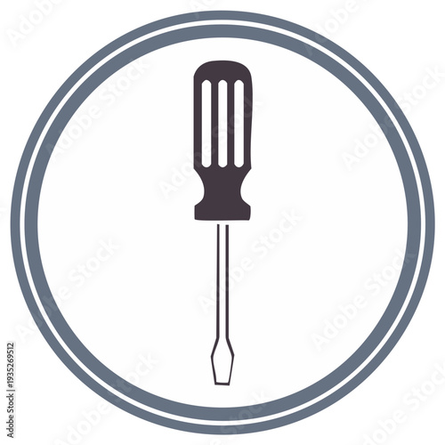Flat Head Screwdriver Tool Icon Inside a Circular Border, Repair Symbol for Construction or Maintenance