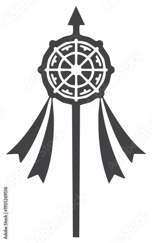 A Dharmachakra Symbol on a Pole with Ribbons, Gray Silhouette
