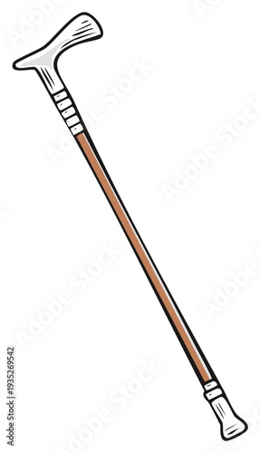 Hand-drawn cartoon illustration of a classic wooden walking stick for mobility support
