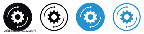 Gear with circular sync arrows icon. Represents automated processes, data synchronization, system recovery, and continuous workflow. Minimalist vector design in black and blue.