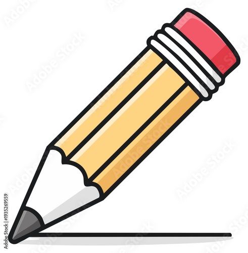 Classic yellow wooden pencil with an eraser drawing a straight line cartoon vector illustration