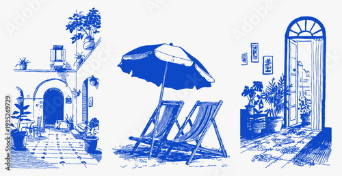 Mediterranean patio umbrella chairs vintage blue line. Hand drawn terrace and interior doorway with plants. Summer vacation coastal scene set.