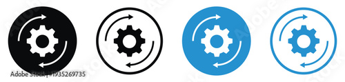 Gear with circular sync arrows icon. Represents automated processes, data synchronization, system recovery, and continuous workflow. Minimalist vector design in black and blue.