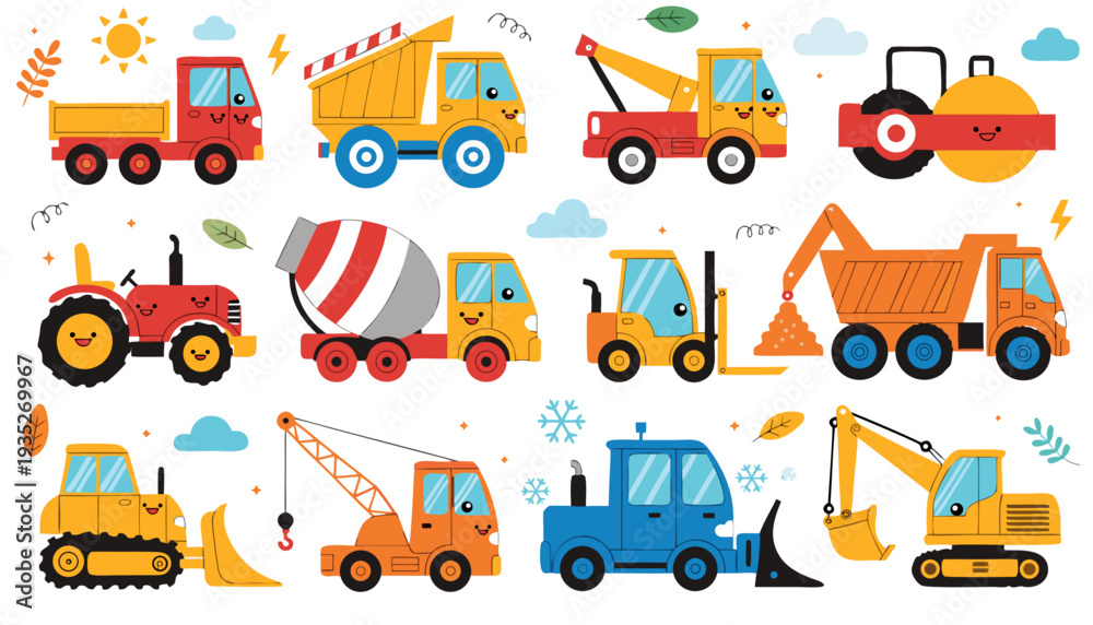 Fototapeta premium Colorful Construction Vehicles Vector Set – Cartoon Heavy Equipment Collection