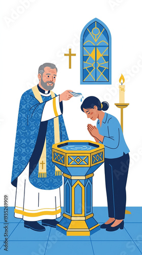 A priest baptizes a woman with water from a font, with a stained glass window and candle in the background.