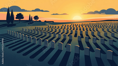 Rows of gravestones stretch into the distance under a vibrant sunset, casting long shadows across the field.