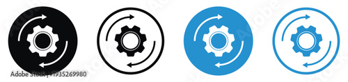 Gear with circular sync arrows icon. Represents automated processes, data synchronization, system recovery, and continuous workflow. Minimalist vector design in black and blue.