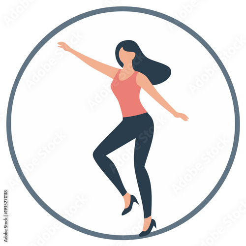 Stylish illustration of a woman in dynamic pose with arm outstretched, contained in a circle.
