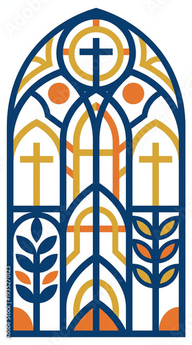A Gothic arch window features a cross, circular motifs, and stylized foliage in blue, gold, and orange.